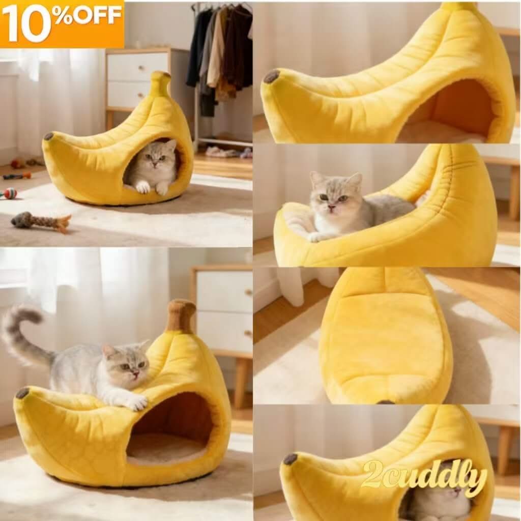 Adorable Banana-Shaped Pet Cave Bed for Cats - Plush, Yellow, Cozy Hiding Spot, All-Season