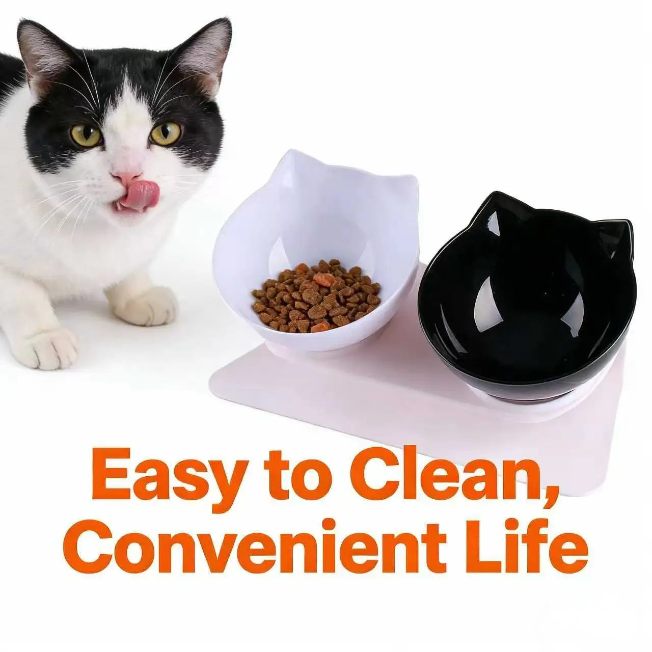 Non-Slip Cat Feeding Bowls: Elevated Design, Cat Ear Shape (Black-White)