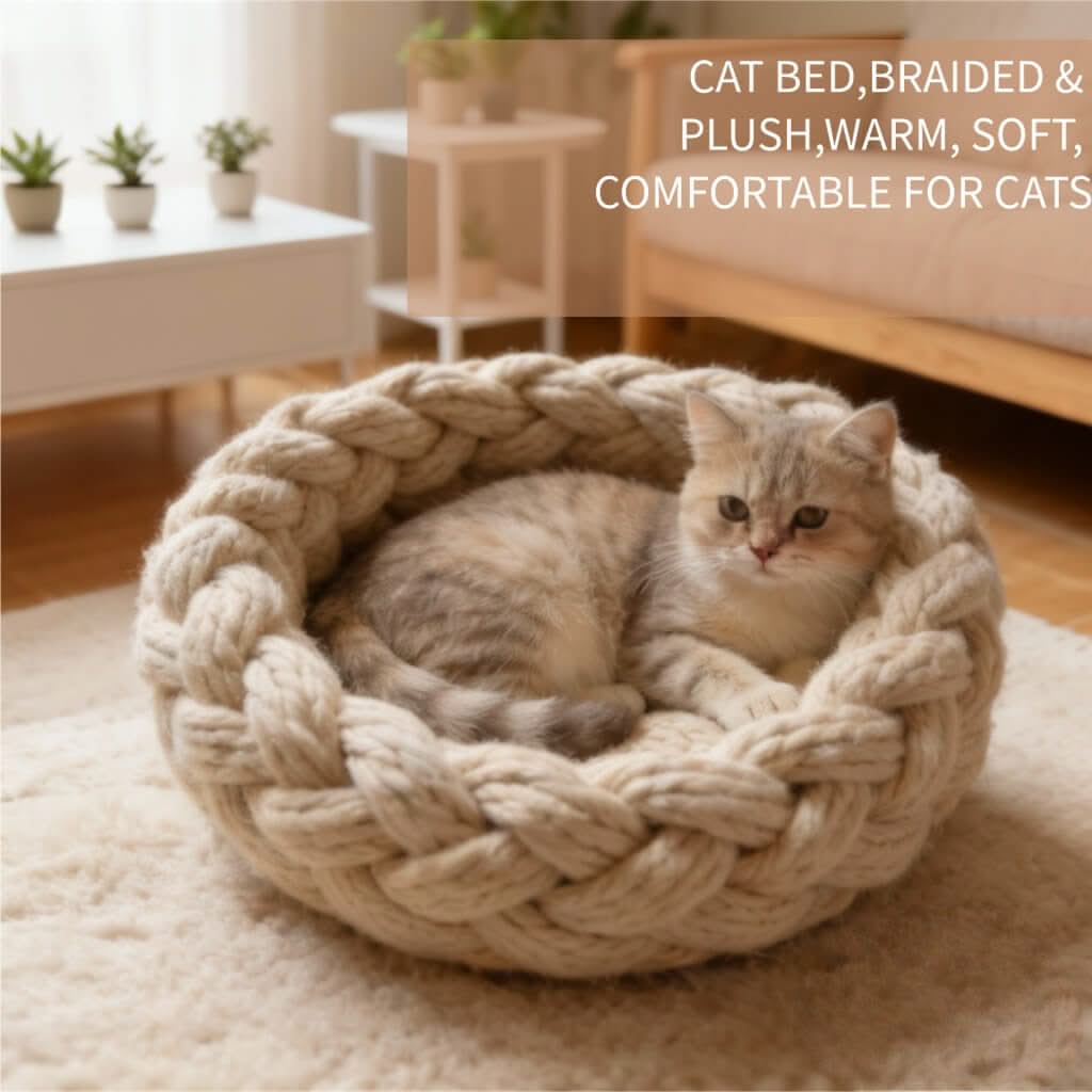 Chunky Knit Pet Bed for Cats - Cream, Braided Design, Soft Cushion, Cozy All-Season