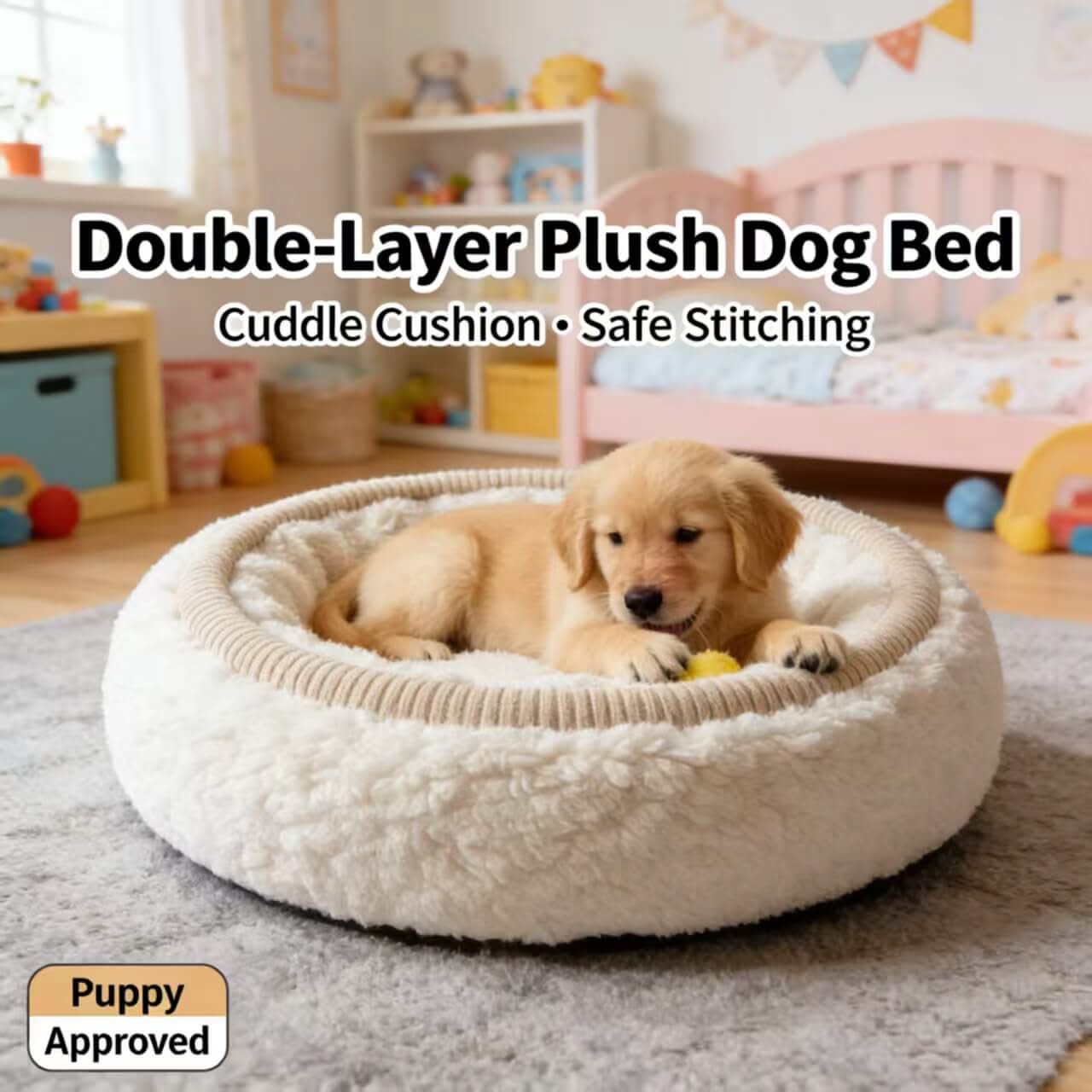 Double-Layer Plush Dog Bed , Cuddle Cushion Safe Stitching White&Beige for Small-Medium Dogs