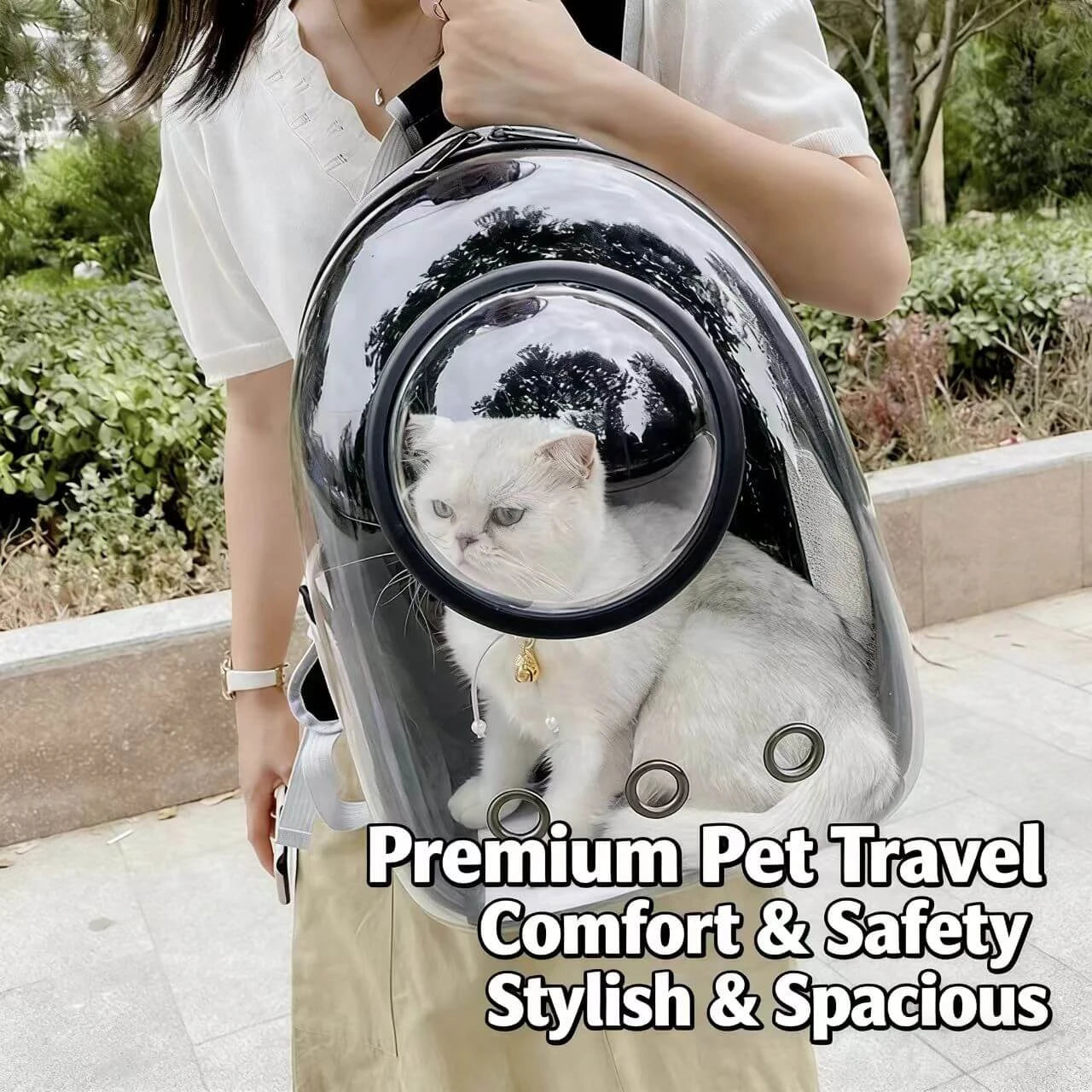 Space Capsule Cat Backpack - Transparent Panel, Lightweight, Black
