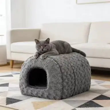 Plush Cave Cat Bed: Cozy Hideaway, Pom-Pom Decor (Gray)