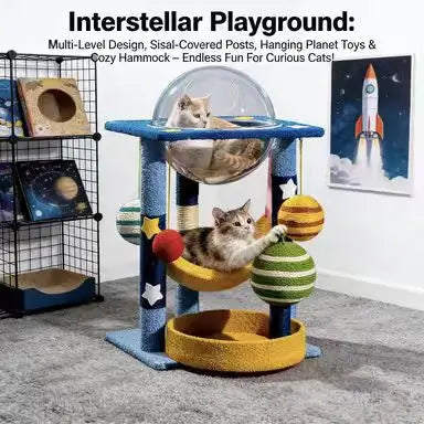 Space-Themed Cat Scratcher Tree: Sisal Posts, Hideaway, Hanging Toys (Blue-Multi)