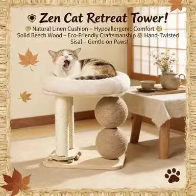 Multi-Functional Cat Scratcher Tree: Sisal Posts, Interactive Balls, Wooden Base (Beige)