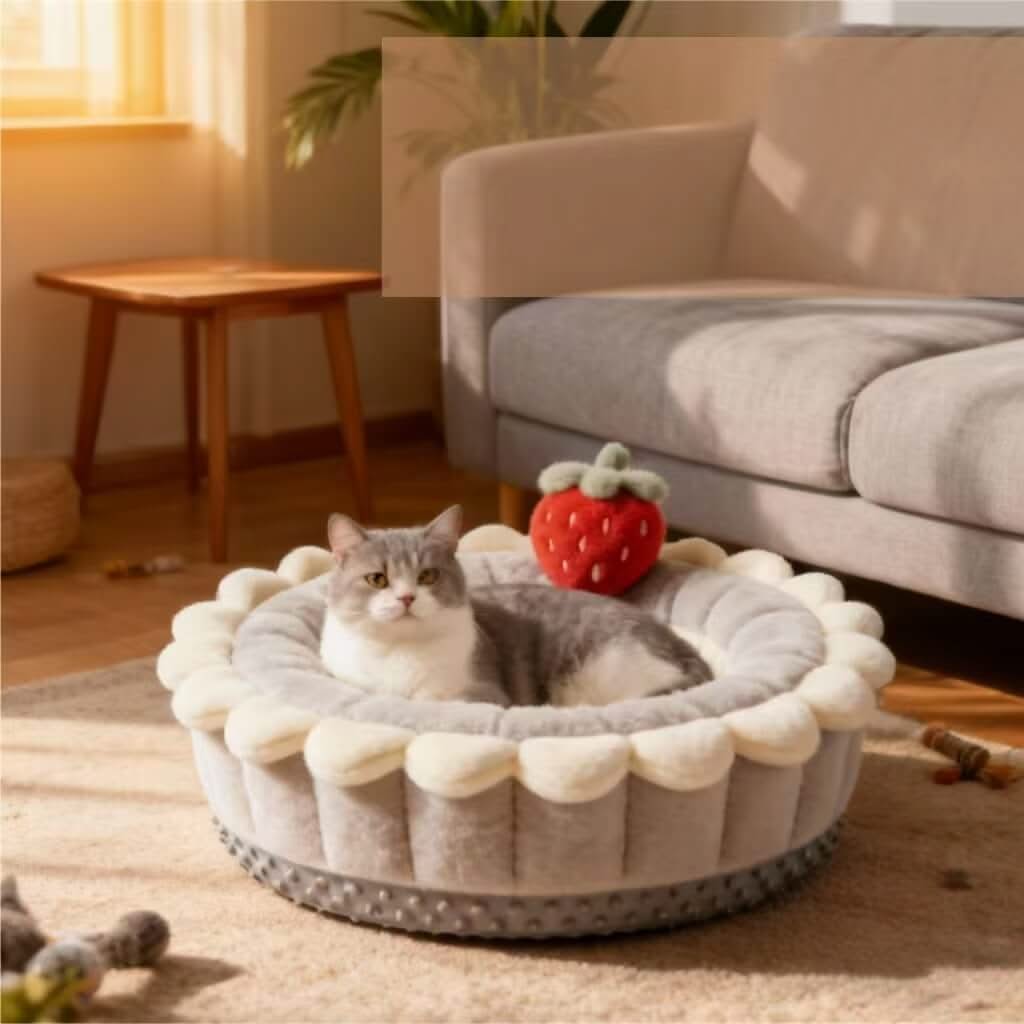 Adorable Cake-Shaped Pet Bed for Cats- Strawberry Decor, Plush Fabric, Gray-White, All-Season