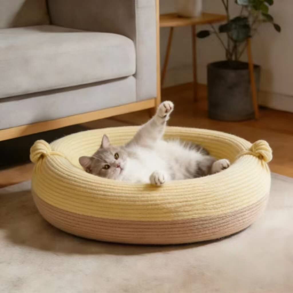 Cozy Knitted Pet Bed for Cats - Yellow-Beige, Round, Knot Decor, Soft Yarn Fabric