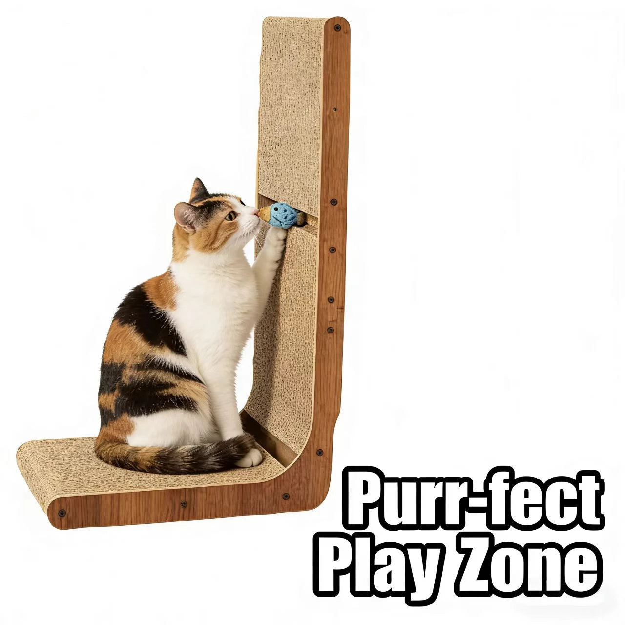 Interactive & Scratching L-Shaped Cat Scratcher Toy for Cats - Ball, Wood Frame