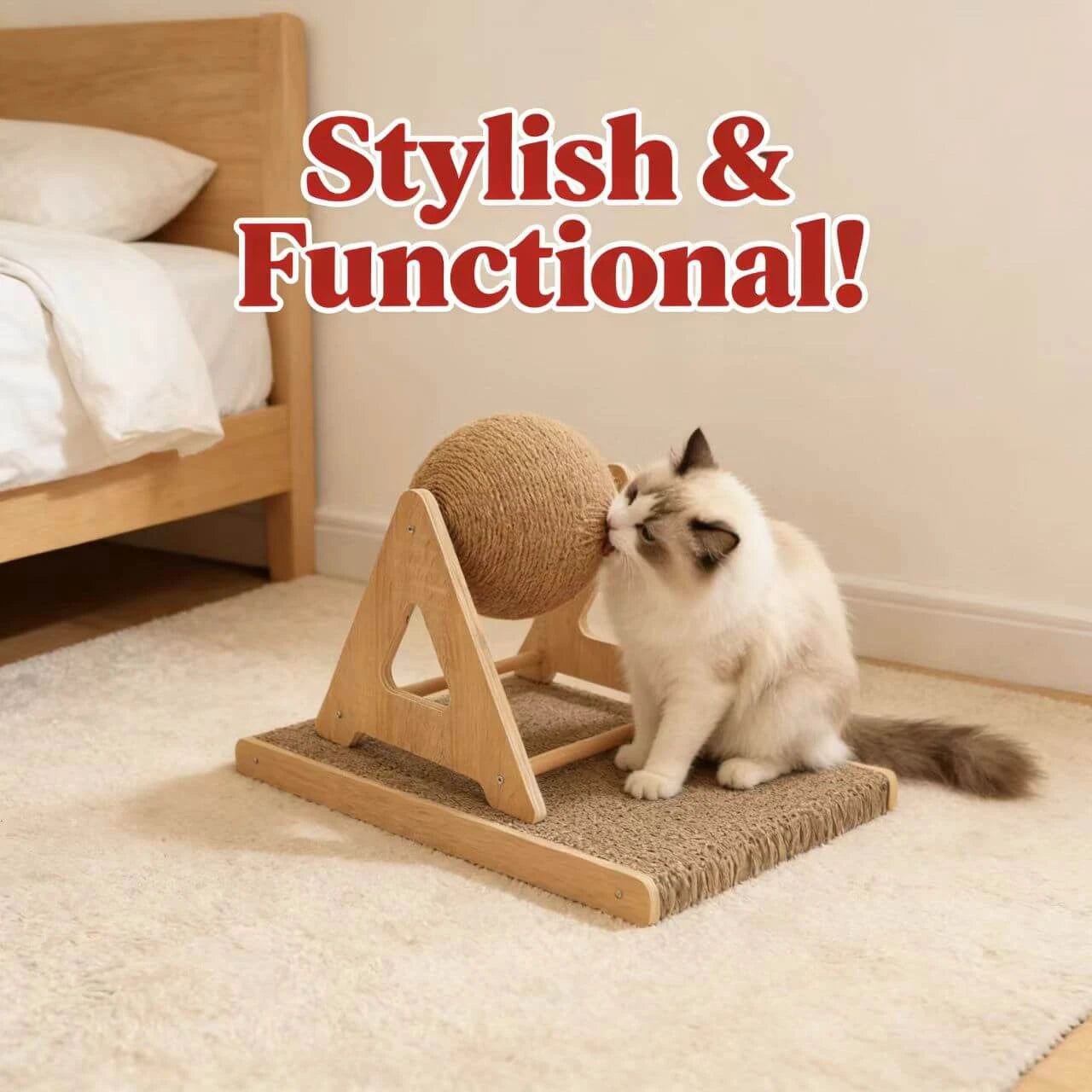 Scratching & Interactive Cat Scratcher Toy for Cats - Spherical Rope, Wooden Stand, Brown