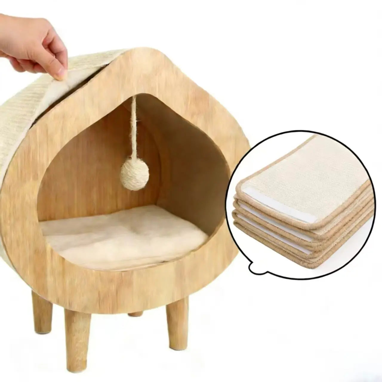 Replaceable sisal cat paw pads for solid wood cat beds