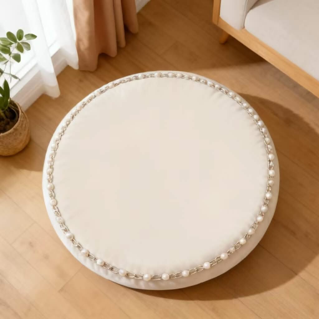 Luxury Pearl-Chain Pet Bed for Cats - Velvet, Cream, Round, Soft Cushion, All-Season
