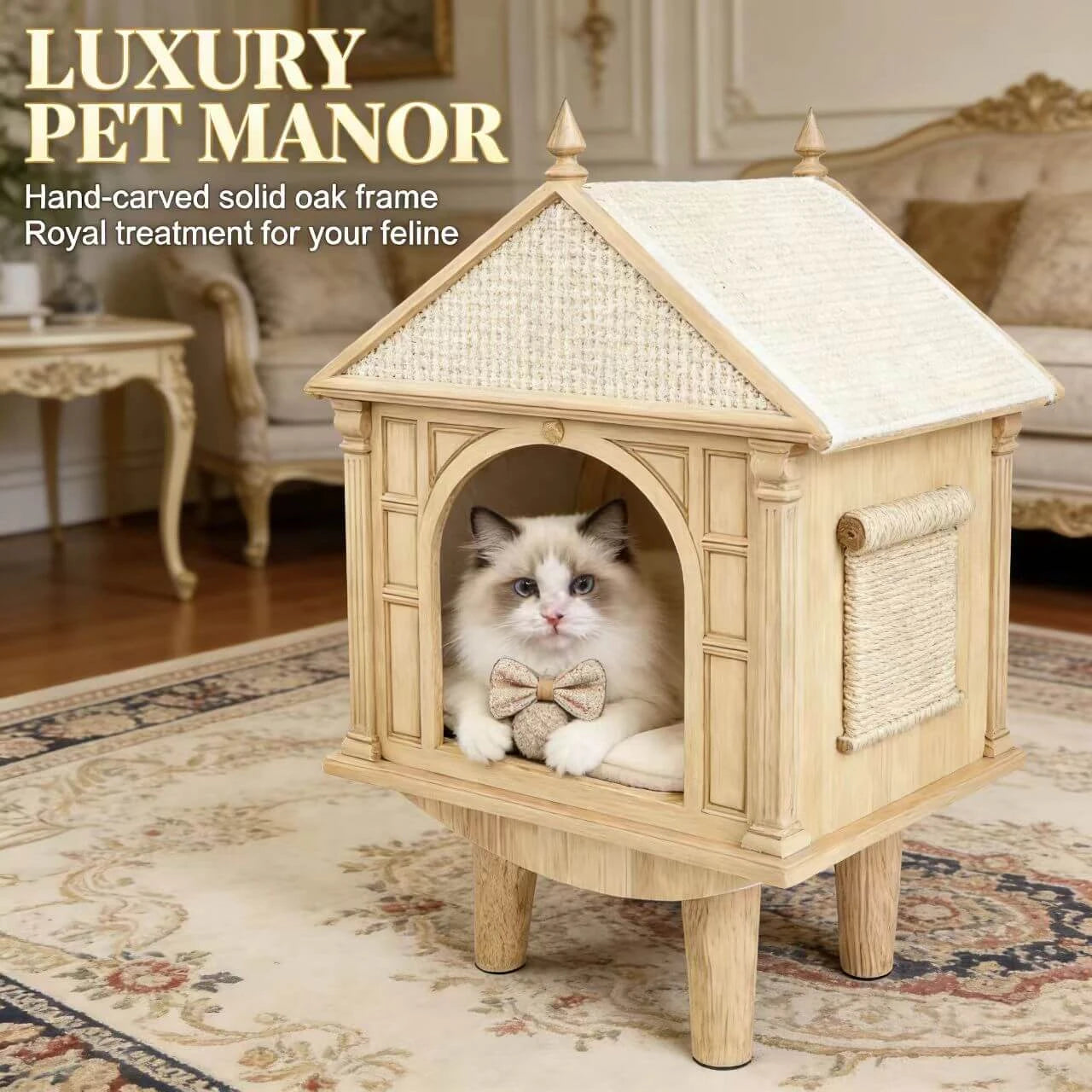 Elegant Wooden Cat House - Elevated Legs, Scratching Pad, Premium Pet Furniture