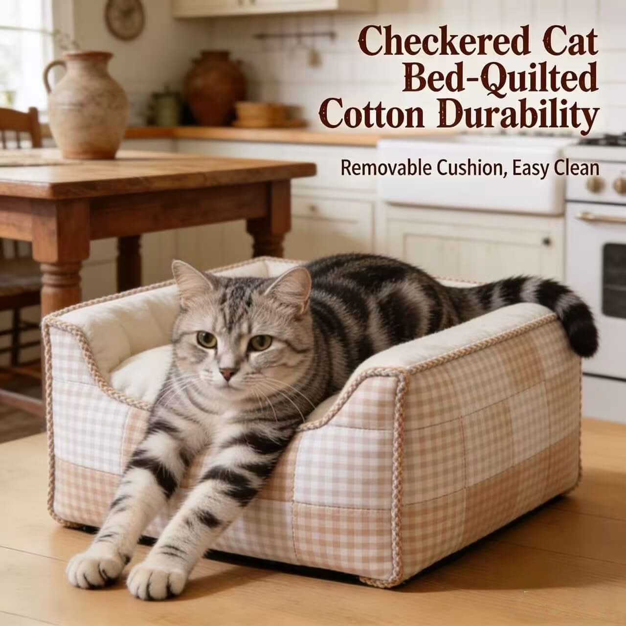 Checkered Patchwork Pet Bed for Cats- Soft, Beige-White, Cozy Cushion, All-Season