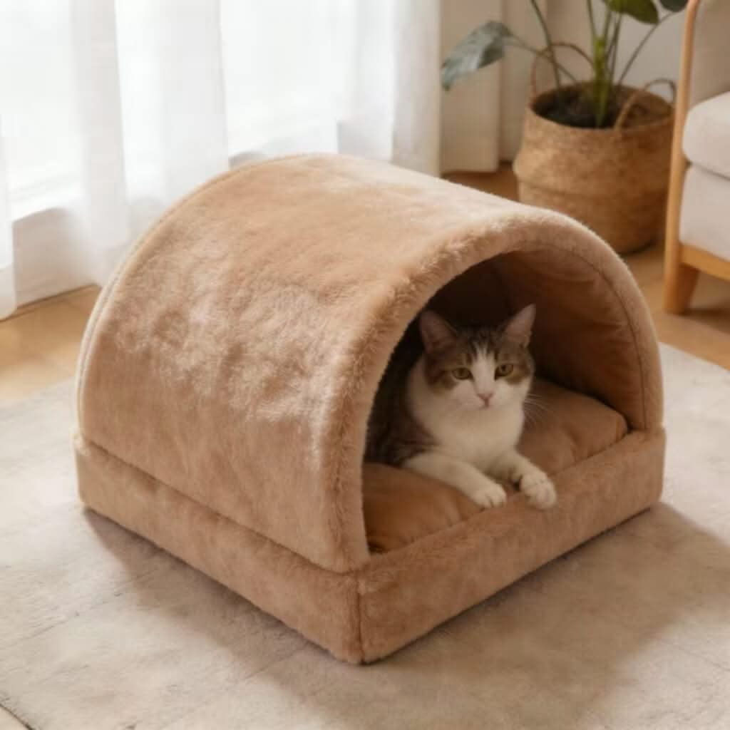 Plush Pet Cave Bed for Cats - Beige, Soft Cushion, Cozy Hiding Spot, All-Season