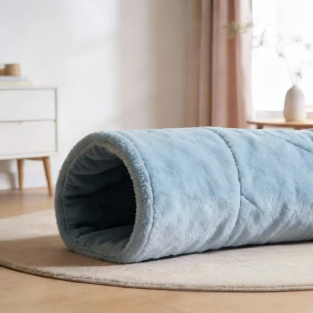 Soft Blue Pet Tunnel Bed for Cats - Plush, Multi-Entry, Cozy Play & Hide Spot, All-Season