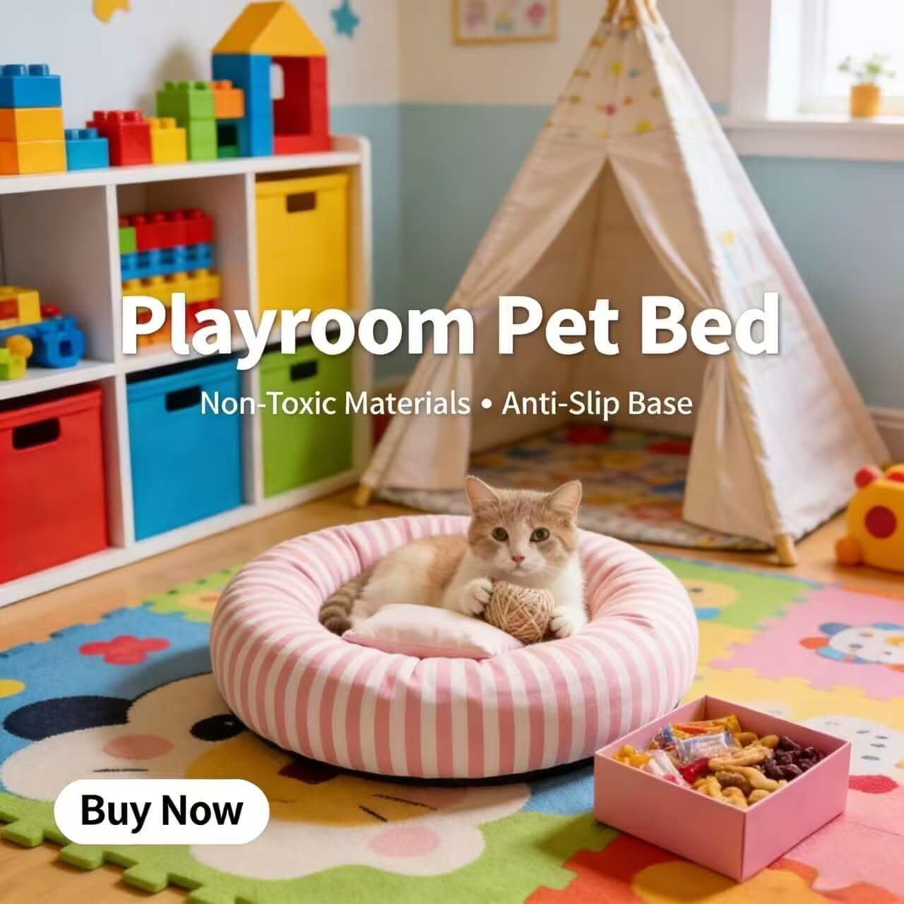 Cozy Striped Pet Bed for Cats- With Pillow, Soft, Pink-White, Round Cushion, All-Season