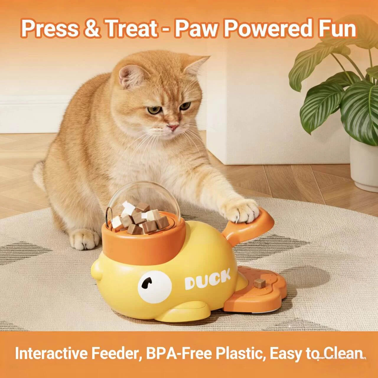 Interactive Pet Treat Dispenser - Duck Shape, Slow Feeder, Yellow & Orange