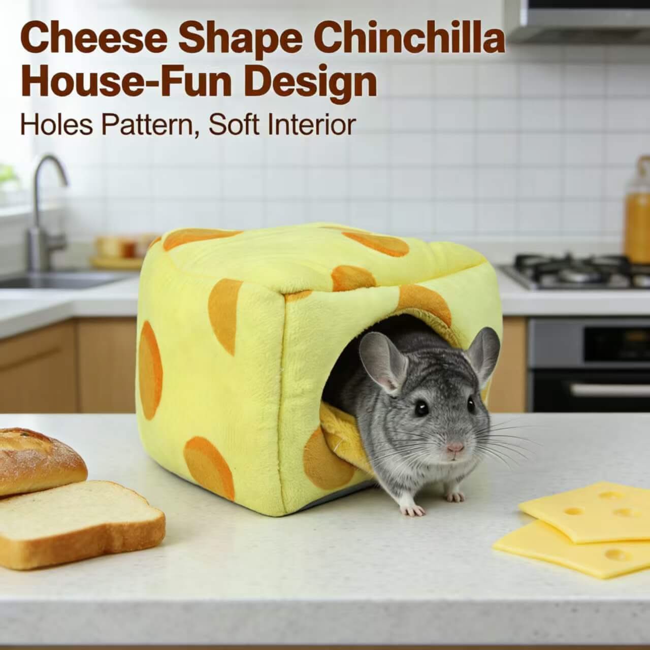 Fun-Design Chinchilla House for Chinchillas - Cheese Shape, Holes Pattern, Soft Interior