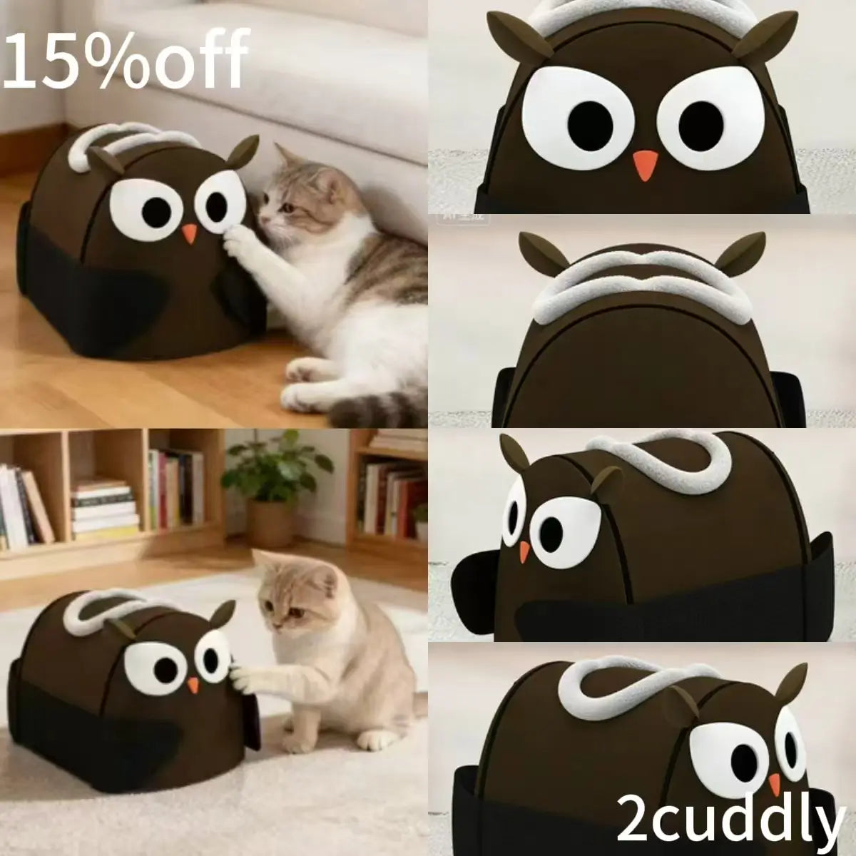 Owl-Shape Cat Cave with Scratcher: Brown, Itch-Relief Wings for Cats ，All-Season
