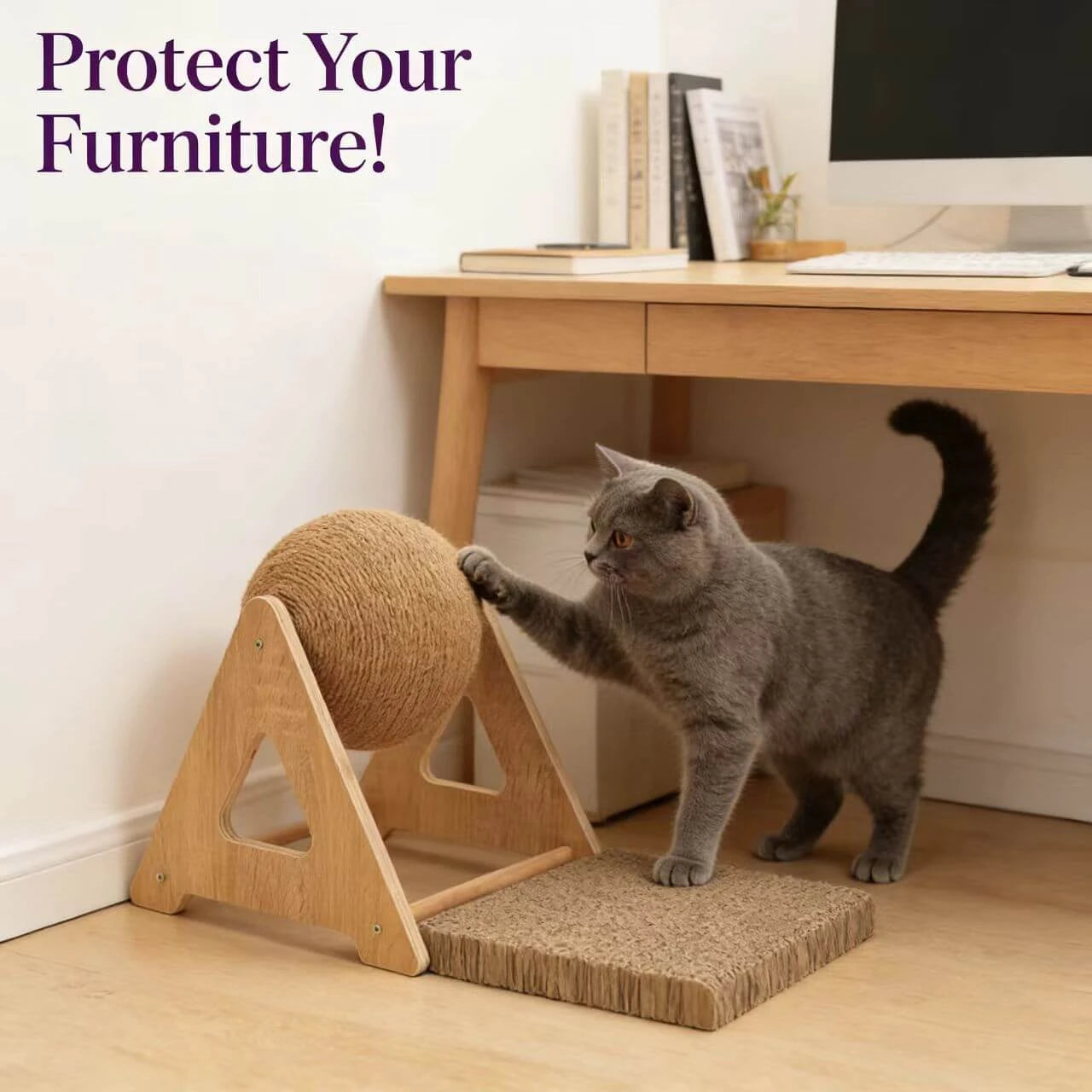 Scratching & Interactive Cat Scratcher Toy for Cats - Spherical Rope, Wooden Stand, Brown