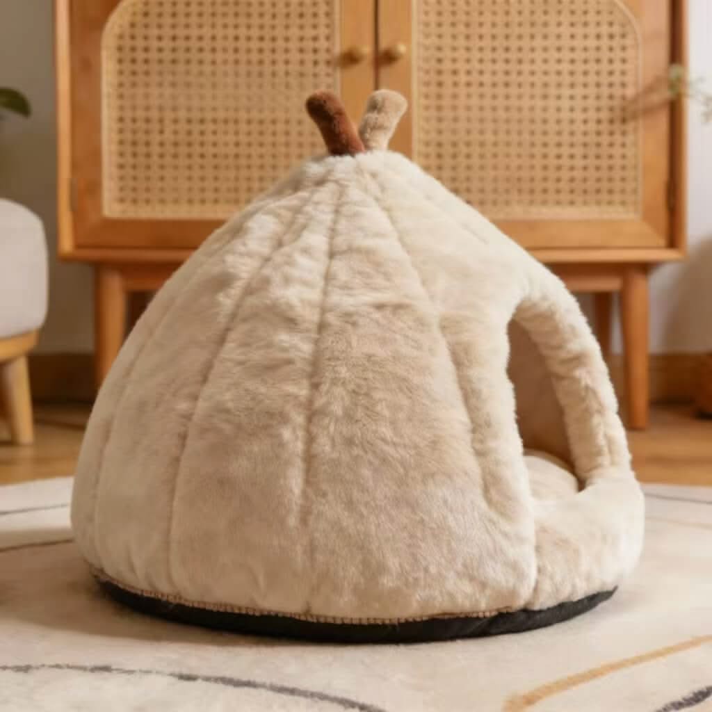 Adorable Peach-Shaped Pet Cave Bed for Cats - Plush, Cream, Cozy Hiding Spot, All-Season