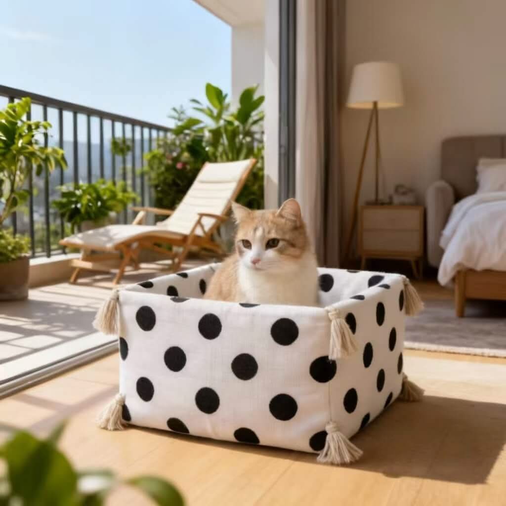 Polka Dot Pet Bed for Cats - White-Black, Square, Tassel Decor, Soft Fabric