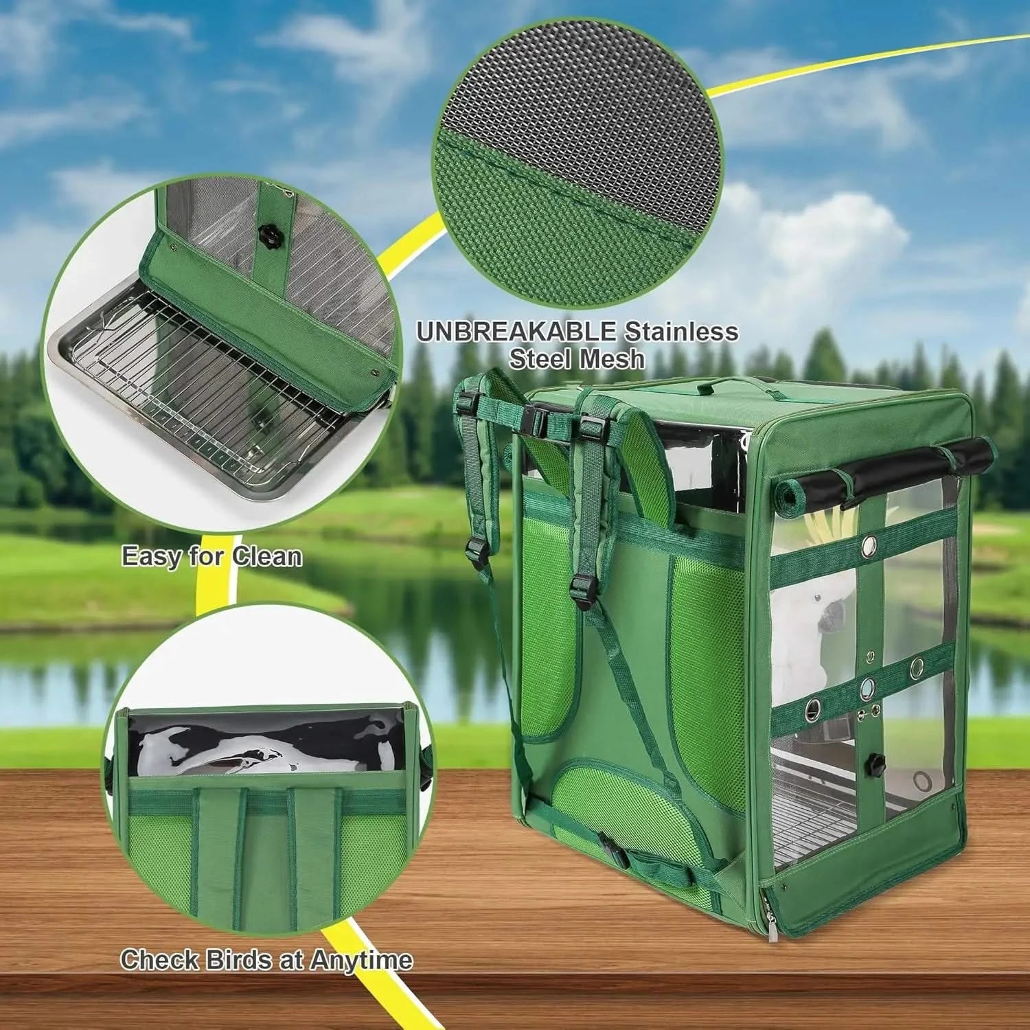 Suertree X-Large Bird Travel Backpack Carrier with Stainless Steel Mesh, Perch, Bowls