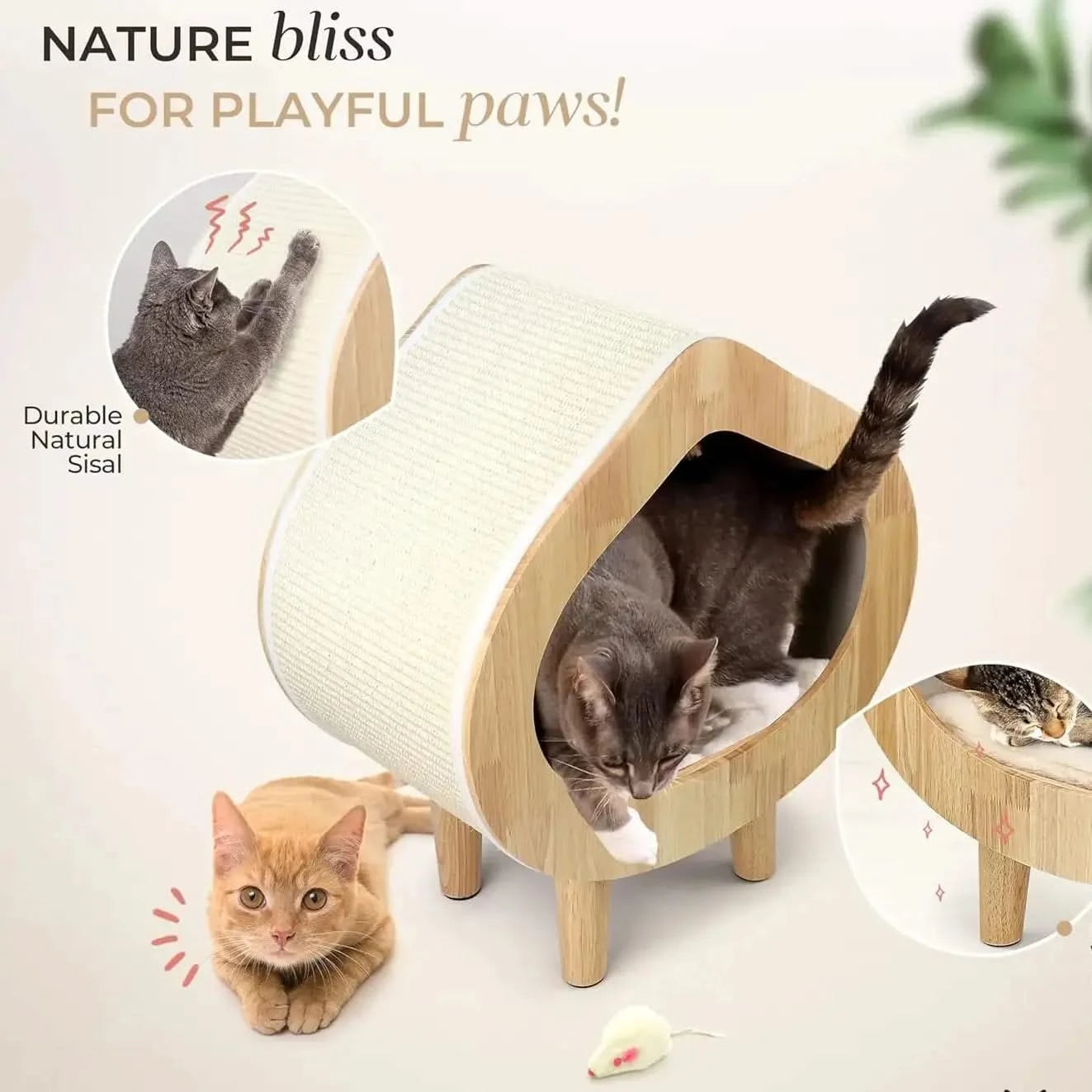 Dual-Use Cat Bed, Scratching Post Integrated, Sisal Surface, Non-Toxic, Natural Wood