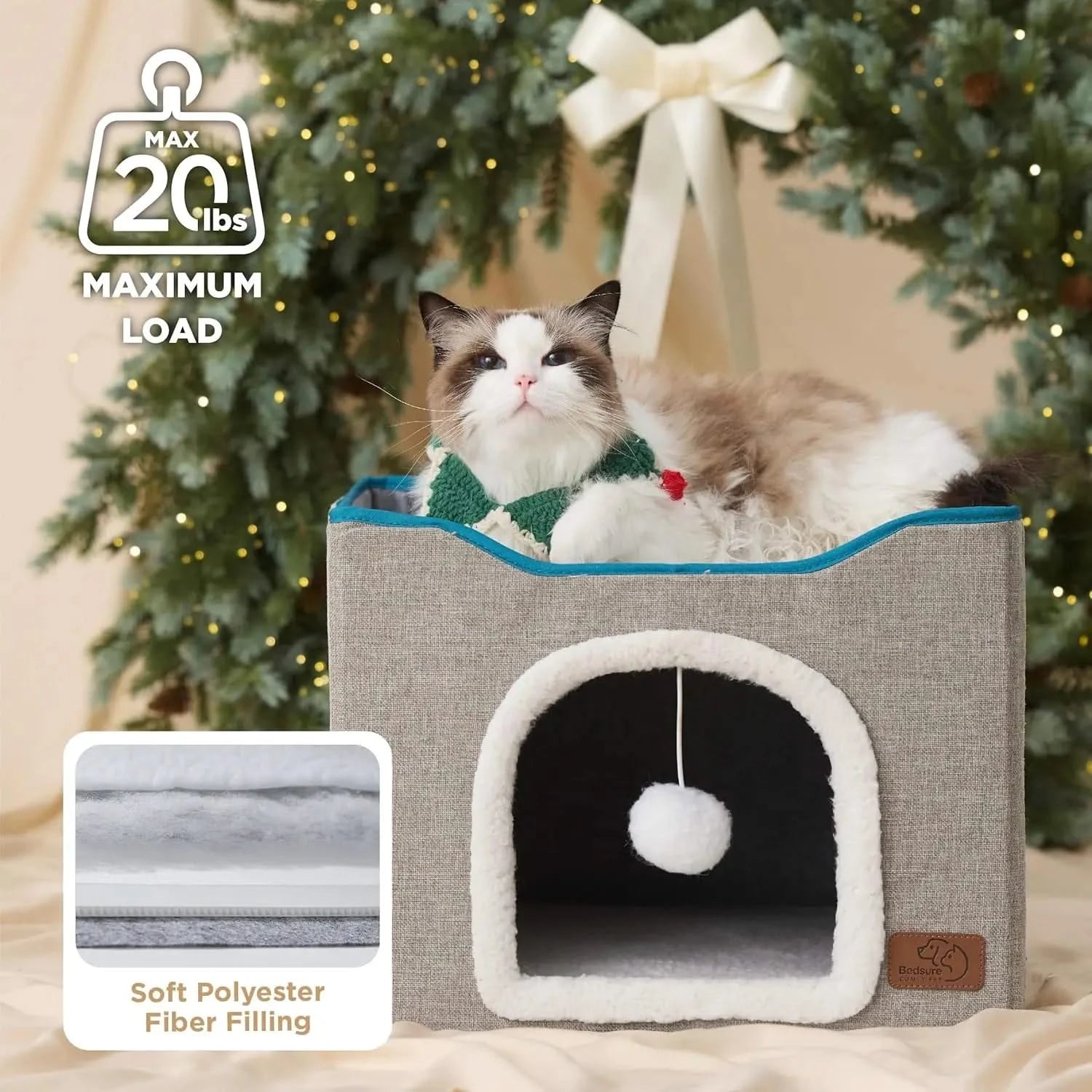 Bedsure Large Cozy Cat Cave Hideaway House, Scratch Pad, Plush Toy