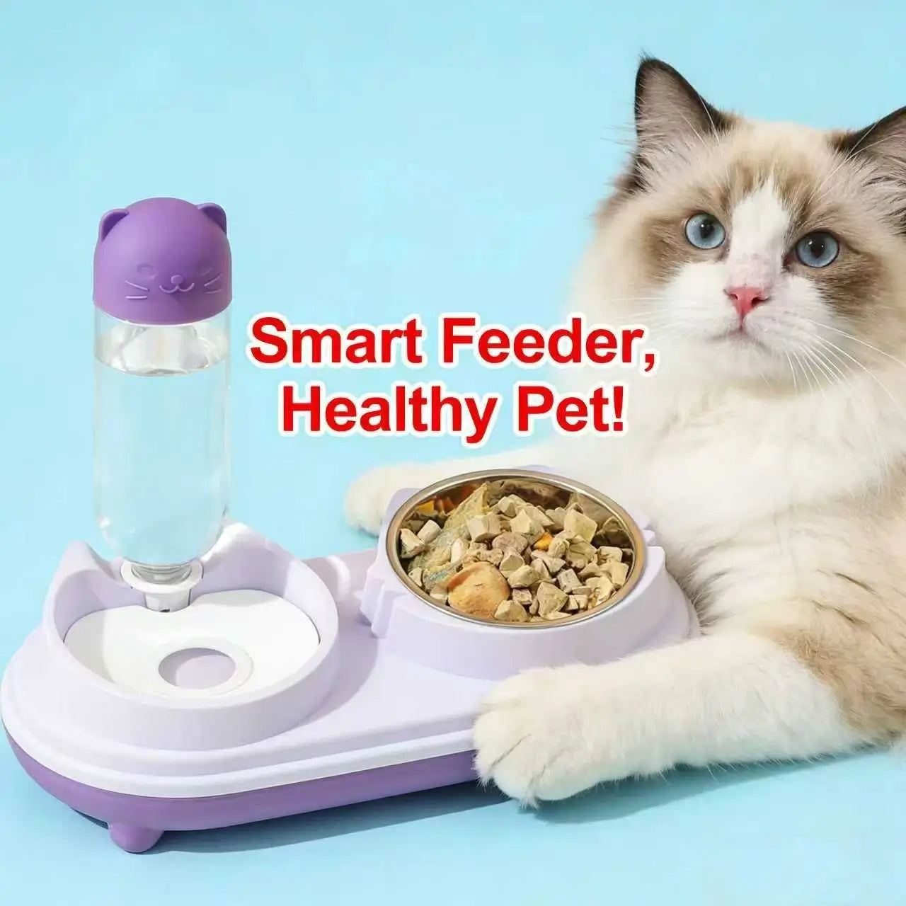 2-in-1 Cat Feeder & Waterer: Auto-Refill, Stainless Steel Bowl (Purple-White)