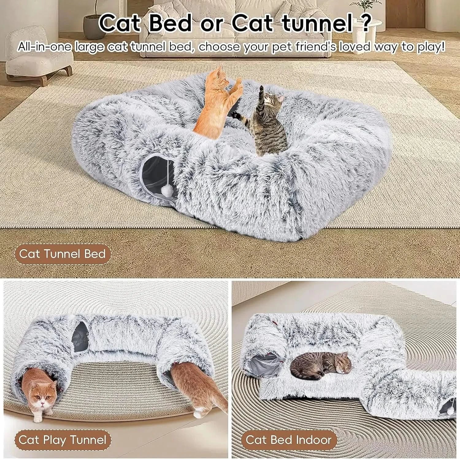 Extra Large Plush Cat Tunnel Bed: 4-Way Tunnels, Multi-Cat Cave