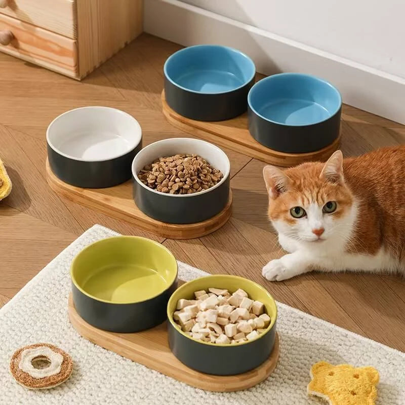 Elevated Pet Feeding Bowls - Double Ceramic Bowls, Bamboo Base, Blue & Gray