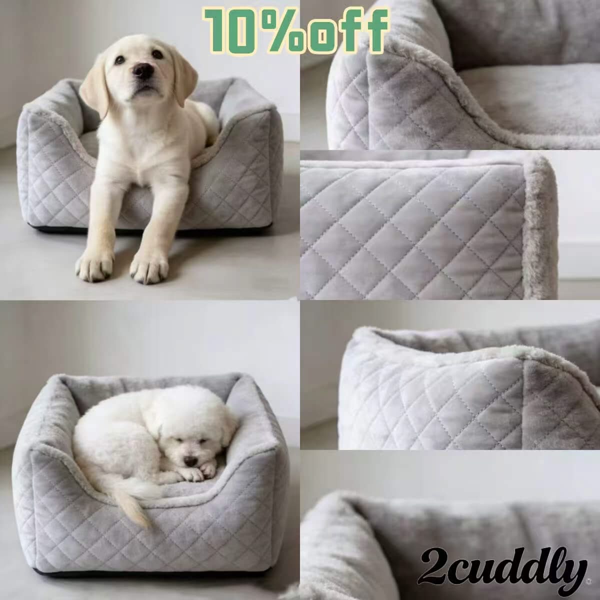 Luxury Quilted Pet Bed for Dogs - Gray, Square, Diamond Pattern, Plush Fabric