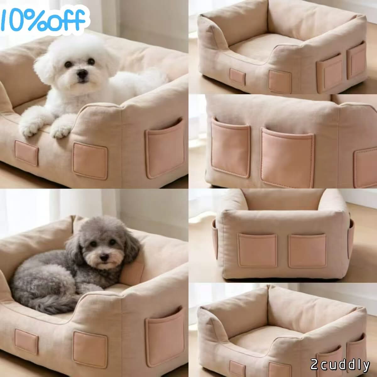 Study-Room Pet Bed for Dogs - Square, Beige, Multi-Pocket, Functional Storage, Vintage Charm