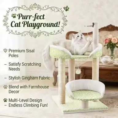 Green Plaid Cat Scratcher Tree: Multi-Level, Sisal Posts, Interactive Toys (White-Green)