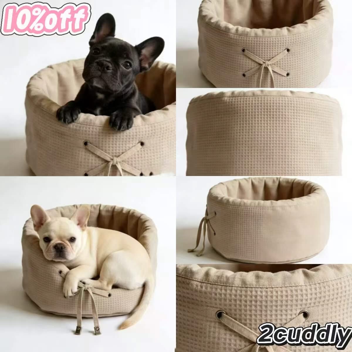 Country-Kitchen Pet Bed for Dogs - Round, Beige Waffle Texture, Breathable Fabric, Rustic Charm