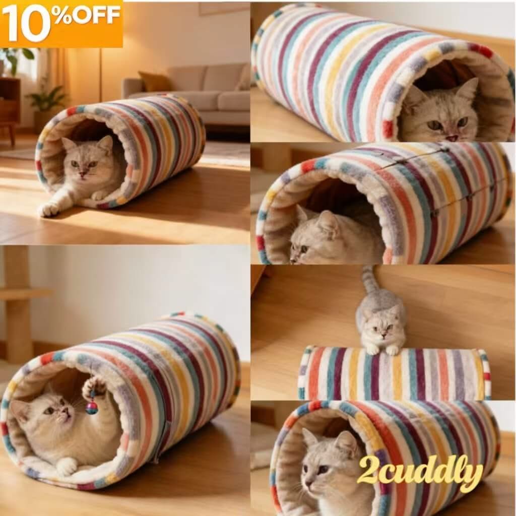 Cute Striped Pet Tunnel Bed for Cats - Fluffy, Colorful, Cozy Hiding Spot, All-Season