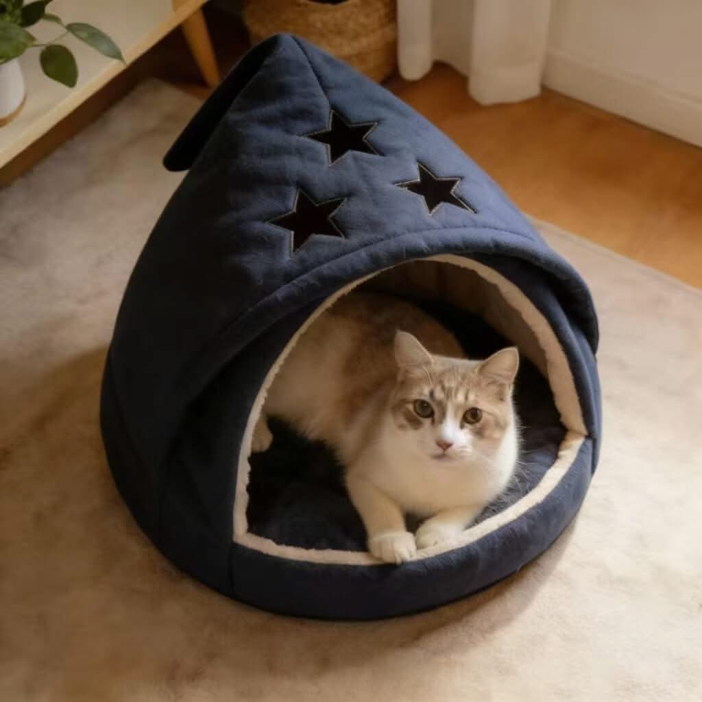 Cozy Star-Patterned Pet Cave Bed for Cats - Plush, Navy Blue, Hiding Spot, All-Season