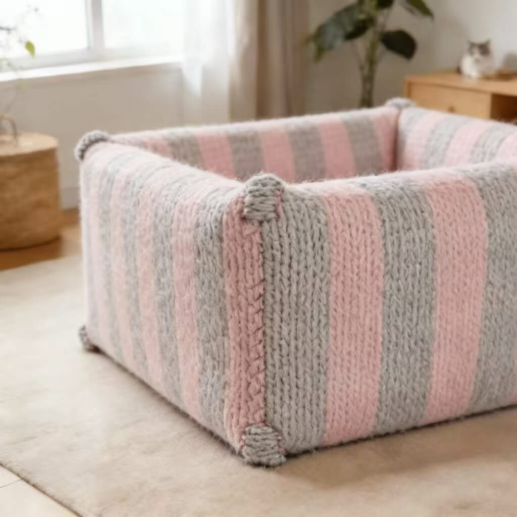 Cozy Knit Pet Bed for Cats - Pink-Gray, Striped, Square, Pom-Pom Corner Decor
