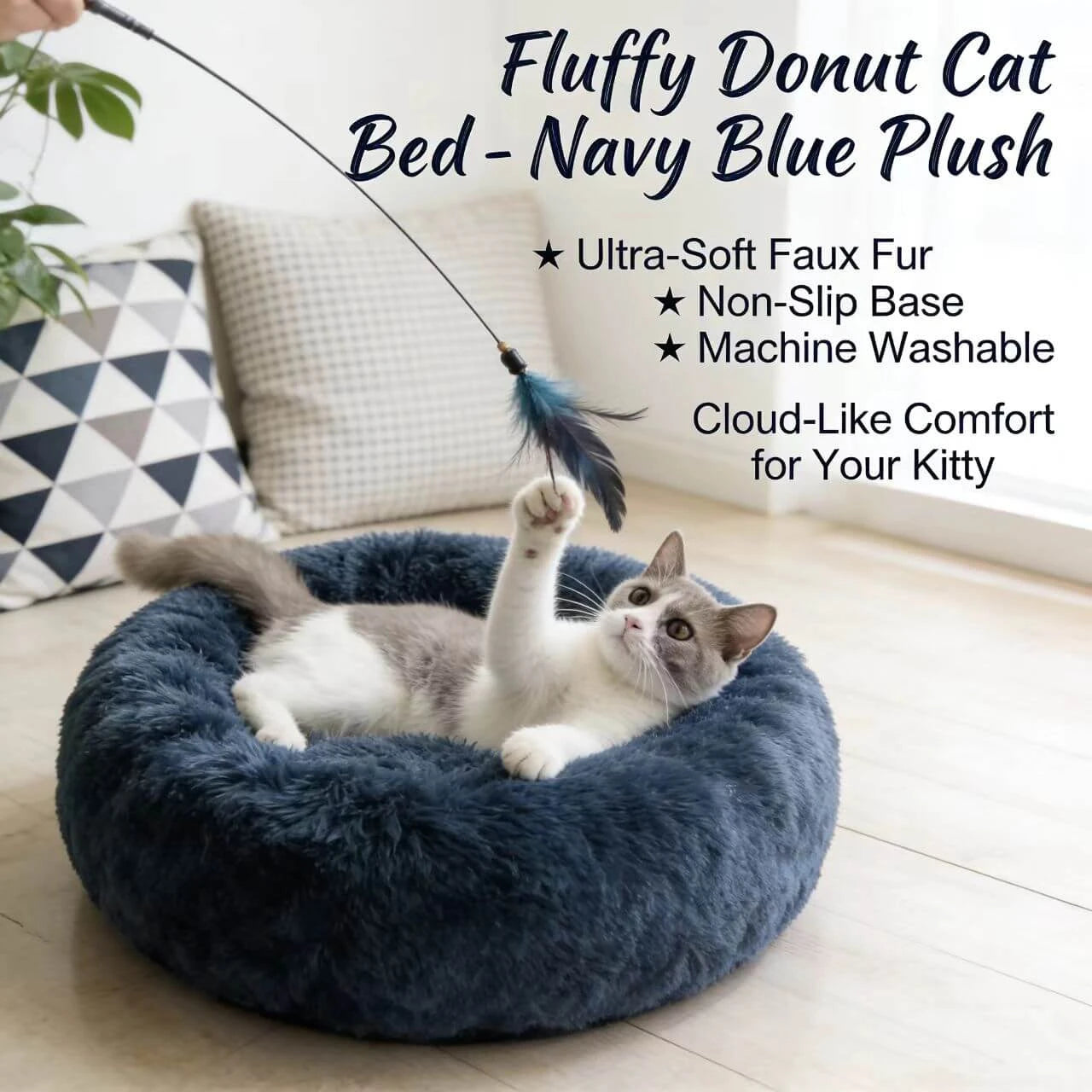 Soft Cozy Pet Bed for Cats - Donut Design, Shaggy Plush, Dark Grey Round Nest