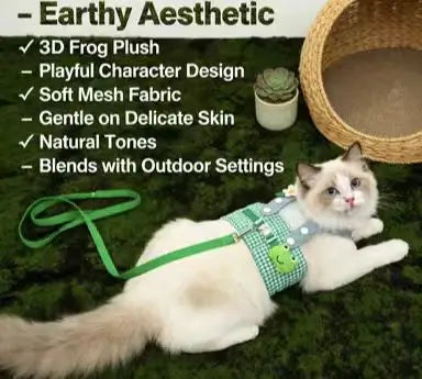 Escape-Proof Cat Harness & Leash: Frog & Flower Accent, Plaid Overalls Design