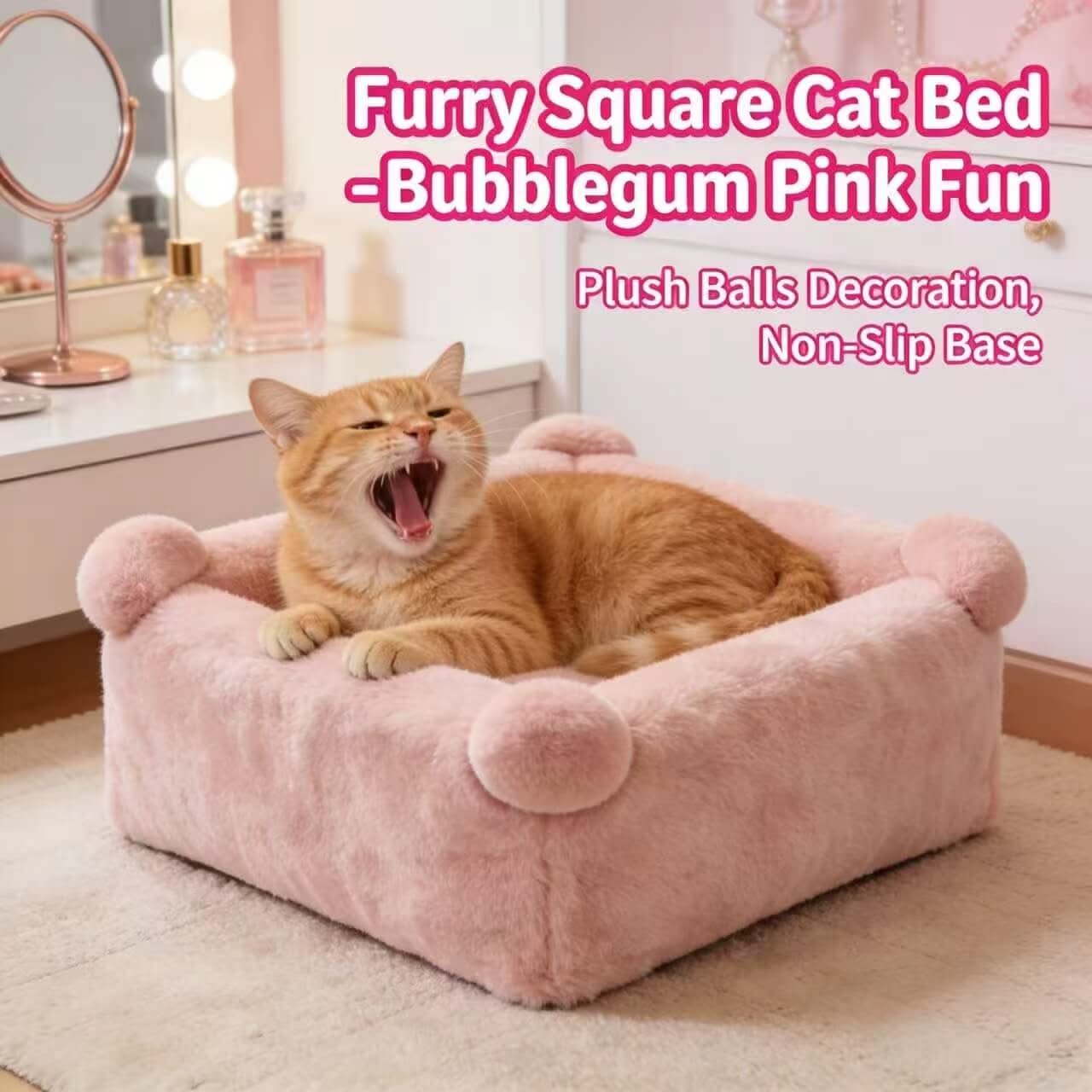 Pom-Pom Pet Bed for Cats - Pink, Plush, Soft Cushion, Cute Design, All-Season