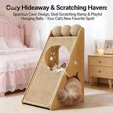 Double-Sided Hemp Rope Cat Scratcher: Hideaway, Hanging Balls, Wooden Frame