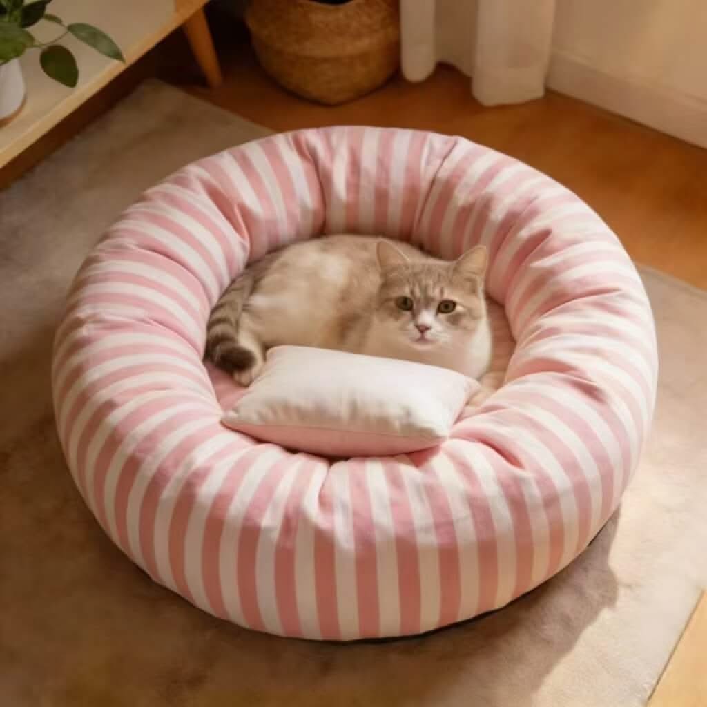 Cozy Striped Pet Bed for Cats- With Pillow, Soft, Pink-White, Round Cushion, All-Season