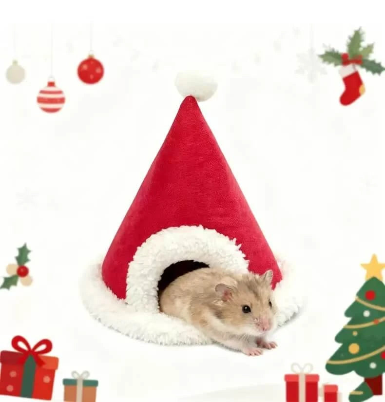 Warm Festive Hamster Nest For Dwarf/Syrian - Santa Hat Design, Plush Lining, Red&White (Christmas Season)