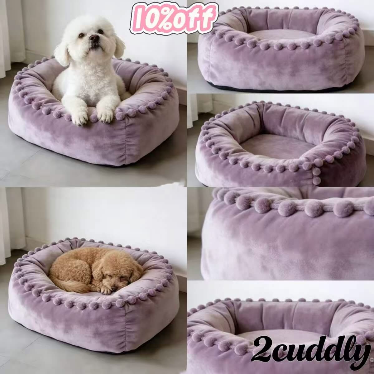 Fancy Princess-Room Pet Bed for Dogs - Purple, Round, Velvet Fabric, Pom-pom Trim
