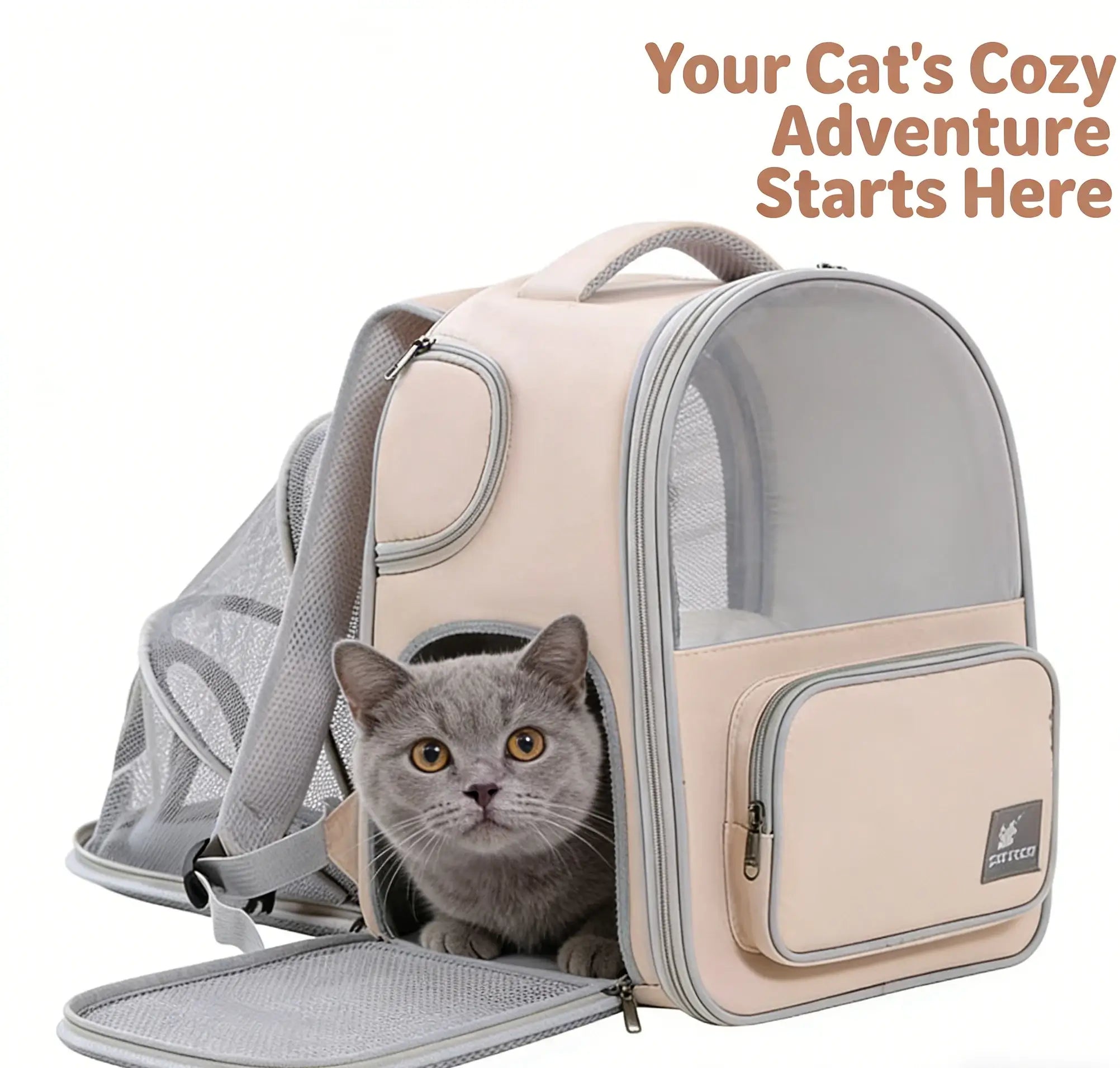 Expandable Breathable Pet Backpack Carrier for Cats, Beige Mesh Extension