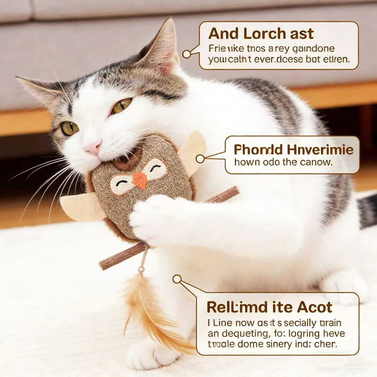 Interactive Play Cat Toy for Cats - Owl Shape Fabric Feather Stick