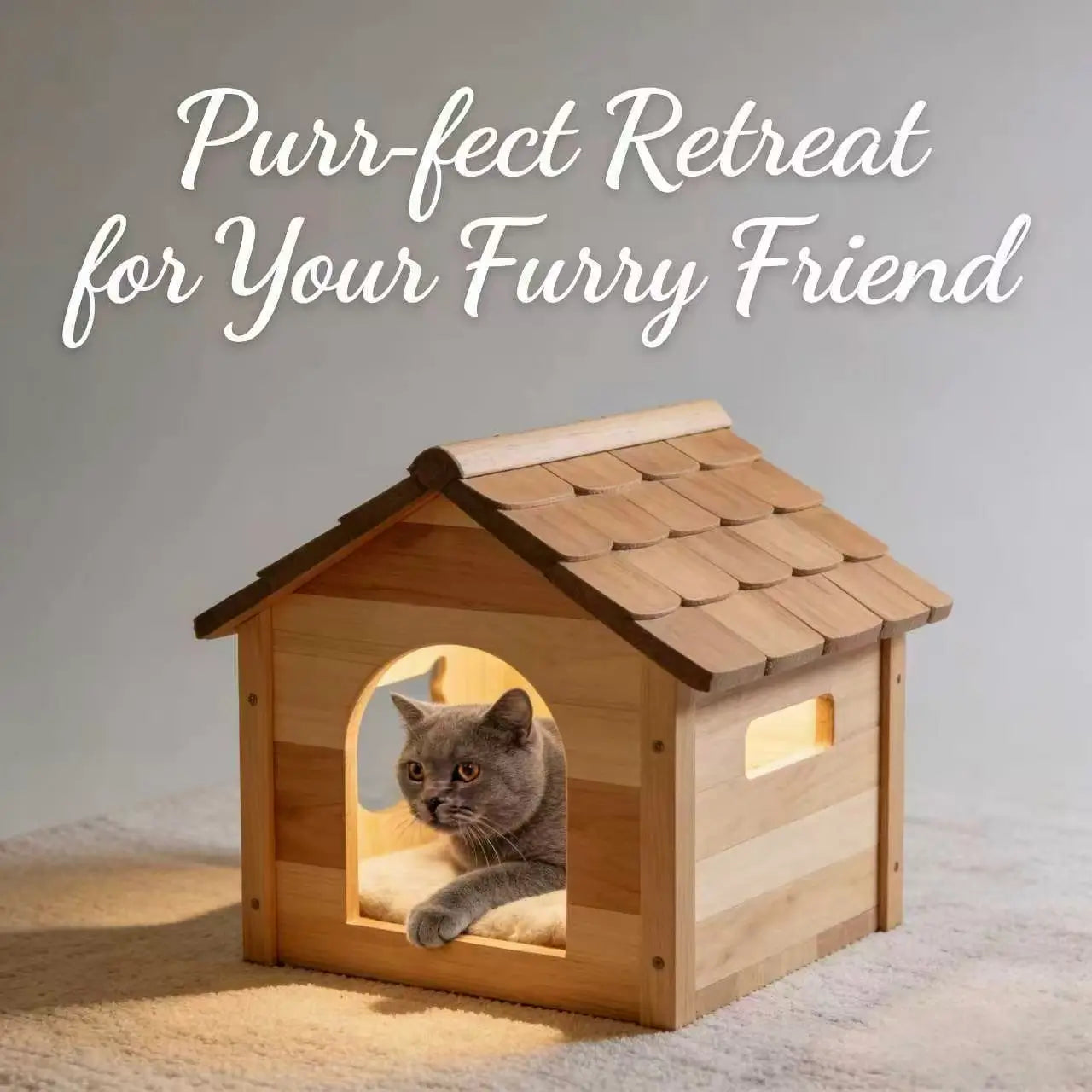 Wooden Cat House with LED Light: Cozy Cottage-Style Shelter with Cushion, for Indoor Cat Comfort