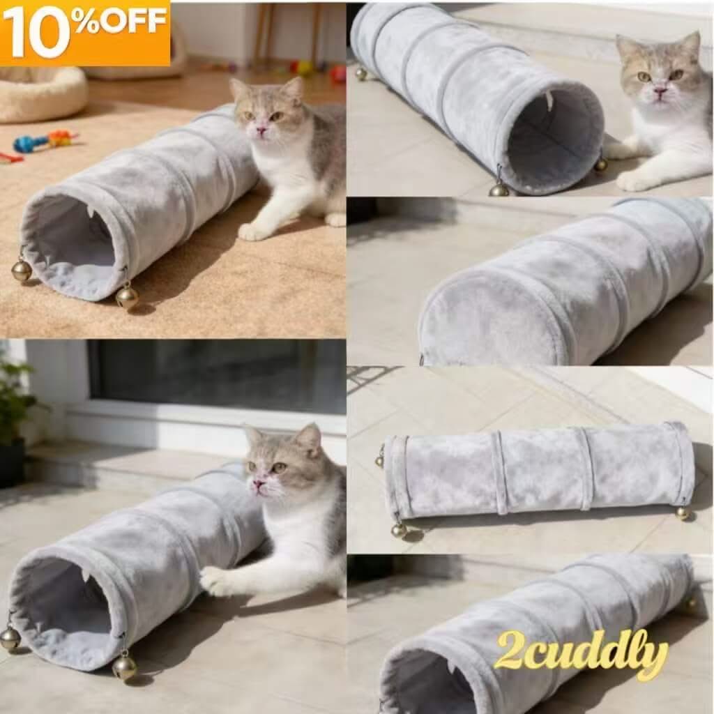 Cozy Tunnel Cat Bed, Plush Fabric Bell Toys Gray for Cats
