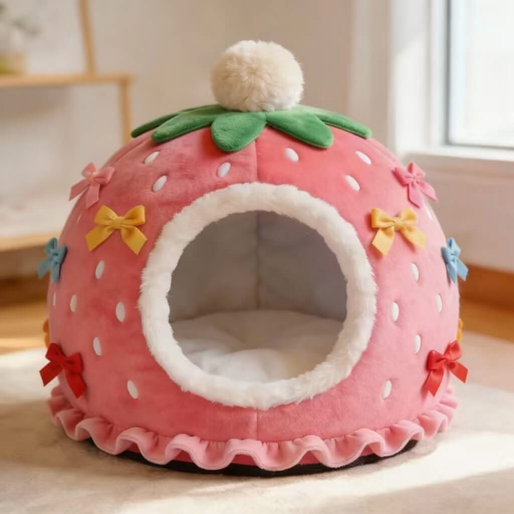 Adorable Strawberry Pet Cave Bed for Cats - Bow Decor, Ruffled, Plush, Pink, Cozy Hiding Spot, All-Season